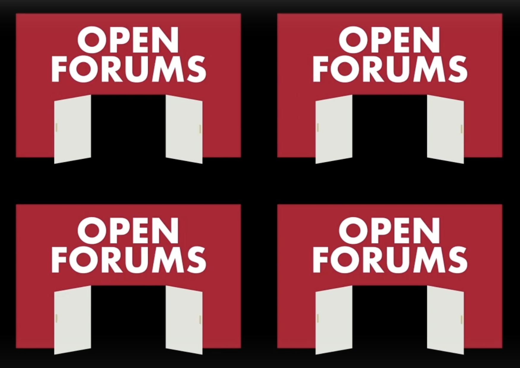 Four red squares each with text reading open forums